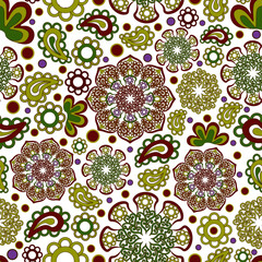 Seamless floral pattern, hand drawn, vector. Ornamental, fashionable, boho, colourful swirl pattern on a white background.