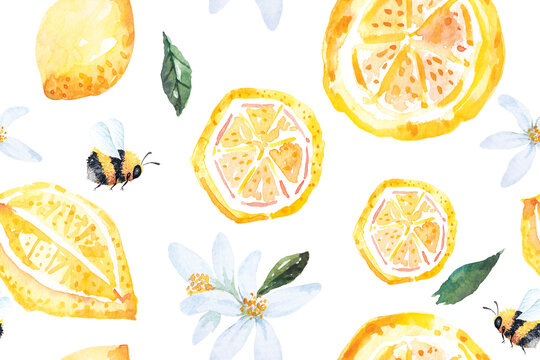 Seamless pattern flower,bee and lamon with watercolor.Designed for fabric and wallpaper, vintage style.Blooming floral painting for summer.Abstract background.Fruit pattern.
