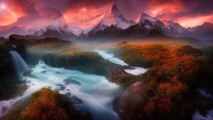 Fototapeta na wymiar Beautiful landscape with mountains at sunset, mountain river and waterfall. Fantasy mountain landscape. Neon bright sunset.