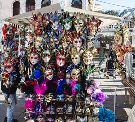 Venice, Italy - Carnival masks displayed in a shop window in the center of Venice for the traditional Carnival.