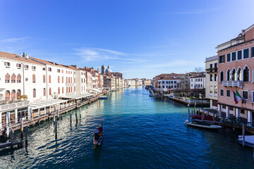 Venice, Italy - Overview from Rialto Bridge to Grand Canal, old houses along the canal