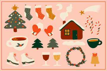 Collection of New Year's and Christmas Staff. Socks, fir tree, cane candy, wreath and other