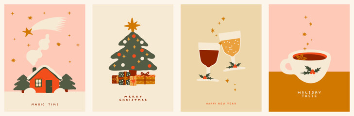 Collection of New Year's and Christmas posters. Winter House, fir tree, sparkling wine glasses and Cocoa mug