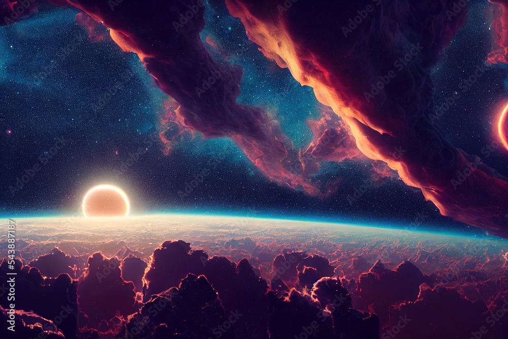 Aufkleber sunrise from beyond earth's orbit against a backdrop of stellar space. 3d illustration