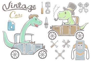 Vector illustration of hand drawn dinosaurs cartoon riding vintage car, car parts elements, gasoline station, car oil canister