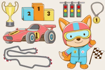 Foto auf Acrylglas Vector illustration of hand drawn cute fox cartoon in racer costume with car racing elements © Bhonard21