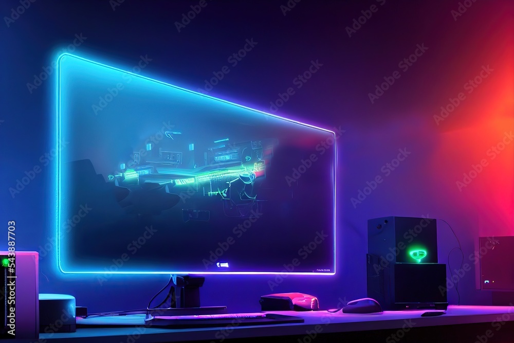 Poster On a white desktop there is a flat monitor whose frame emits a blue light. 3D rendering
