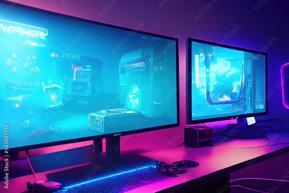 Poster There are two monitors and a keyboard on the white desktop. 3D rendering