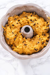 Chocolate pumpkin bundt cake with toffee glaze