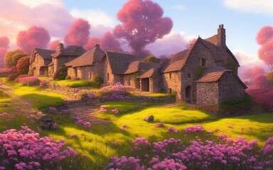 Fototapeta premium A cozy stone village house on a grass field against blue sky with clouds. Rural beautiful landscape with flowers and trees. Bright sunny day. Digital painting illustration.