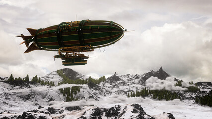 Fantasy steampunk airship flying over snow covered mountains with low grey clouds. 3D illustration. © IG Digital Arts