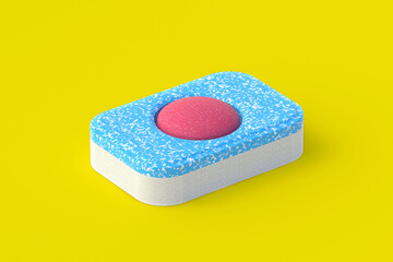 Dishwasher detergent tablet on yellow background. 3d render