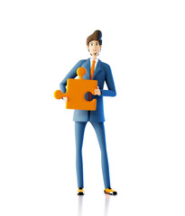 Businessman with puzzle piece.  Happy business workers 3D rendering characters illustration