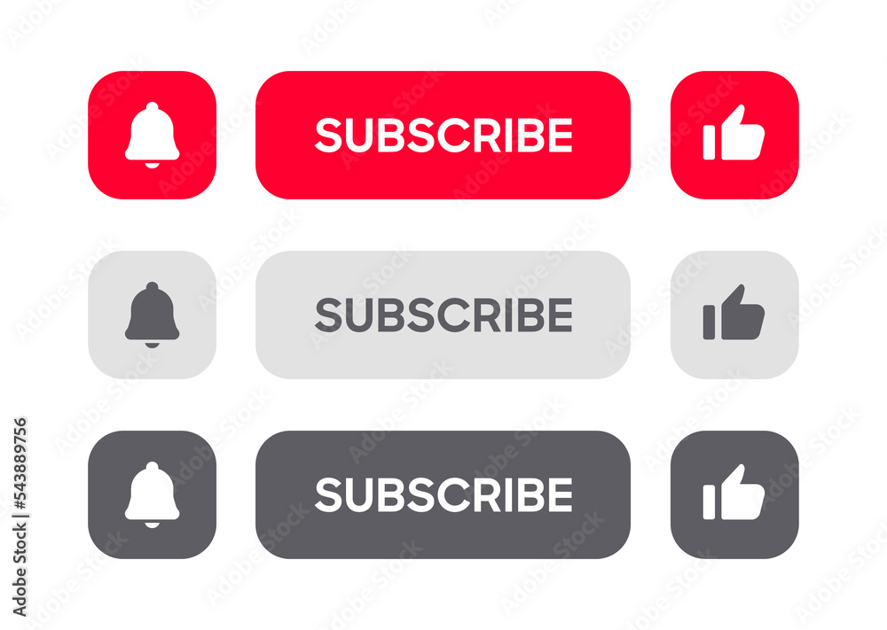 Poster Subscribe button Bell, notification icon button and hand cursor click. Red button subscribe to channel social media, marketing, blog. Vector illustration for website, mobile app, UI UX. EPS 10