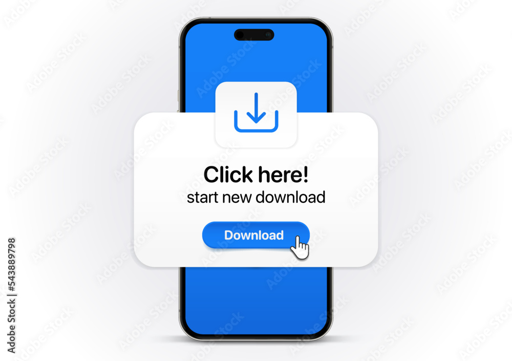 Poster 3D blue download button popup bubble icon with smartphone. Upload icon. Down arrow bottom side symbol. Click here button. Save cloud icon push button for UI UX, website, mobile application.
