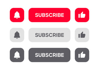 Subscribe button Bell, notification icon button and hand cursor click. Red button subscribe to channel social media, marketing, blog. Vector illustration for website, mobile app, UI UX. EPS 10