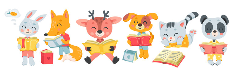 Cartoon isolated funny smart little characters love to study, forest animals reading fantasy and storybook, fairy tale literature from library. Cute animals read books set vector illustration