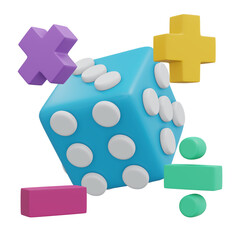 3D render of rolling dice with basic math symbol minus plus multiply and equal cartoon style
