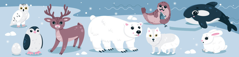Cartoon isolated cute baby animal characters with funny polar bear, happy walrus with fish and penguin, white fox. Wild animals and birds of North, nature of Arctic and Antarctic