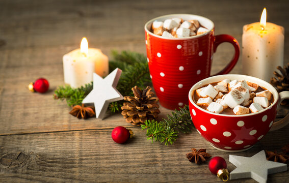 Christmas hot chocolate on the wooden table
