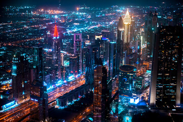 Plakat Dubai city at night, view with lit up skyscrapers and roads. 