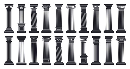 Cartoon roman columns, doric and corinthian architecture order silhouettes. Greek classic columns, black ancient temple columns flat vector illustration set. Antique colonnade silhouette - obrazy, fototapety, plakaty