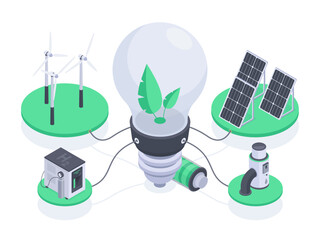 Alternative power sources, isometric green renewable energy concept. Eco friendly energy sources, solar panels and wind generator 3d vector illustration. Green energy concept