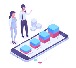 Isometric chart statistics analysis, people with growth diagram. Business development chart statistical, financial analysis 3d vector illustration. Chart statistics concept