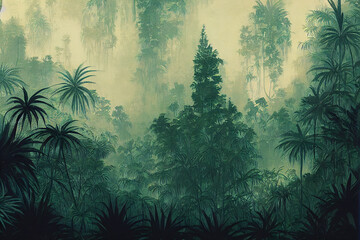 Naklejka premium 3d wallpapaper. Tropical forest, wild jungle. Closeup nature view of green leaf and palms background. Flat lay, dark nature concept, tropical leaf