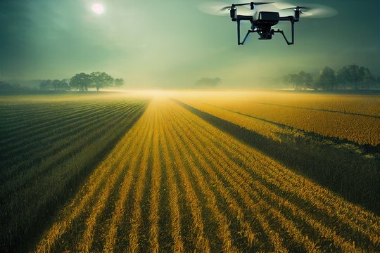 drones irrigate the fields - future concept illustration 