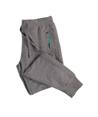Folded gray trousers with blue zipper. Isolated image on a white background. Nobody. 