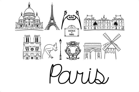 Cute small drawings of famous landmarks in the beautiful city of Paris, France. Hand drawn vector illustration. City name included.