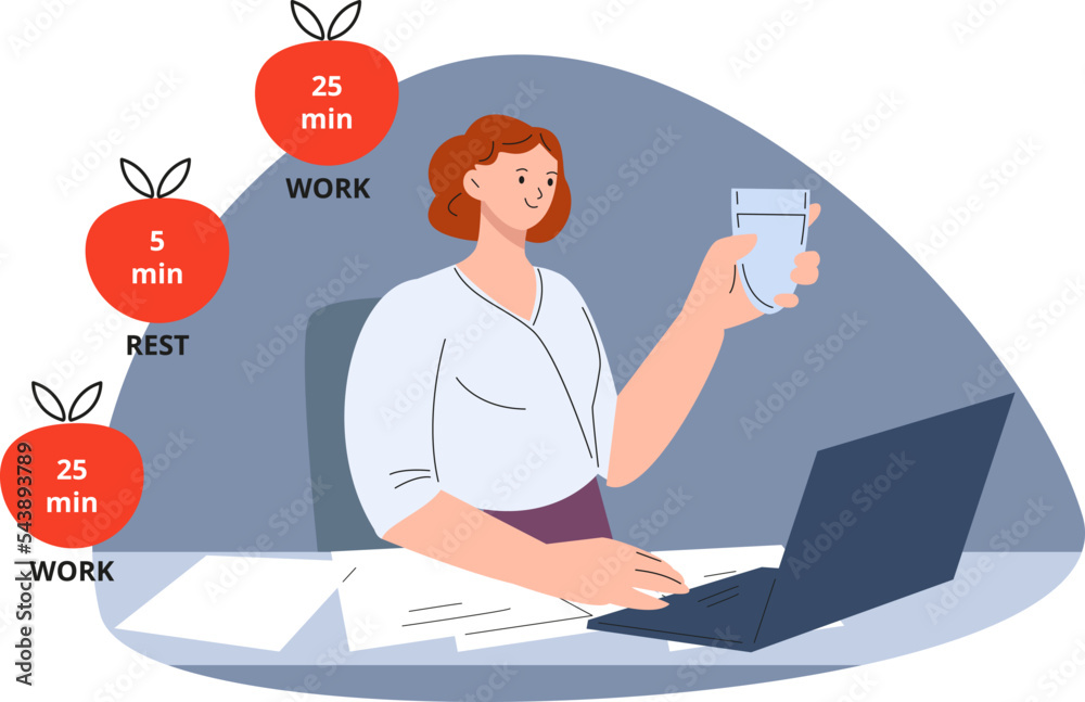 Wall mural Work timing use. Pomodoro technique for successful job and doing all tasks. Business office woman or freelancer working with time management vector concept