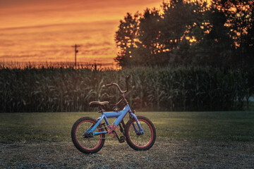 Fototapeta na wymiar bike in a field during sunset