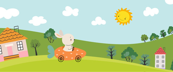 Cartoon landscape with cute bunny drive carrot car. Nature childish banner, smiling sun and rabbit. Village vector background, cute animal and tiny house