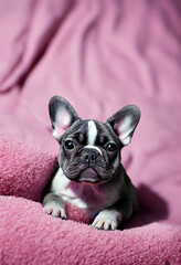 Cute French Bulldog puppy lying on a pink blanket