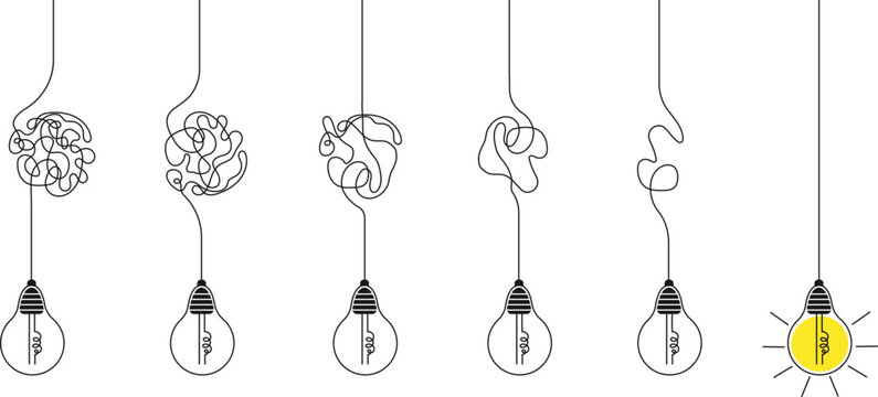 Tangled lines problem solving business metaphor and lamps. Simplicity untangled concept. Positive easier thinking way decent vector banner