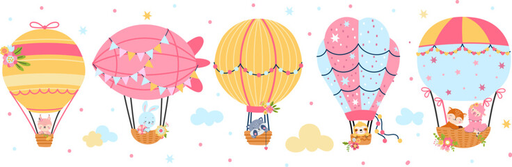 Hot air balloon flight. Cute cartoon animals flying on balloons, retro childish graphic. Festival kids design, funny prints. Travel and adventures, nowaday vector characters © MicroOne