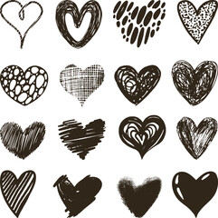 Doodle hearts collection. Sketch heart, love stamps scratch design. Hand drawn romantic valentines day, wedding or birthday neoteric vector scribble set