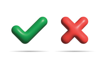 Check mark icon 3d rendering. Realistic right and wrong 3D Button. Set of glossy icons green check mark, red sign of cross. Acceptance and rejection. Tick sign. Test question. Checkmark cross.