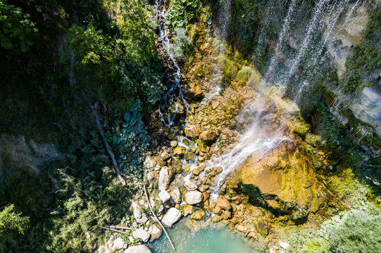 Detail of the water stream of Sotira river with waterfall in Summer 2022, Albania