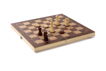 A chessboard with walking figures placed on a white background. Strategy game.