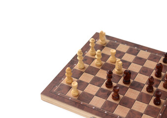 A chessboard with walking figures placed on a white background. Strategy game.