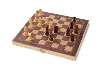 A chessboard with walking figures placed on a white background. Strategy game.