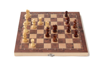 A chessboard with walking figures placed on a white background. Strategy game.