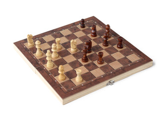 A chessboard with walking figures placed on a white background. Strategy game.
