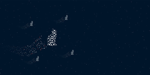 Fototapeta na wymiar A cat symbol filled with dots flies through the stars leaving a trail behind. Four small symbols around. Empty space for text on the right. Vector illustration on dark blue background with stars