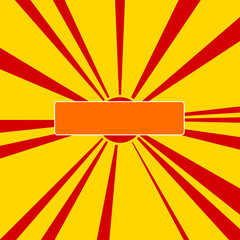 Minus symbol on a background of red flash explosion radial lines. The large orange symbol is located in the center of the sun, symbolizing the sunrise. Vector illustration on yellow background