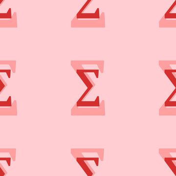 Seamless pattern of large isolated red sigma symbols. The elements are evenly spaced. Vector illustration on light red background