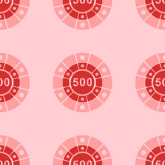 Seamless pattern of large isolated red poker chip symbols. The elements are evenly spaced. Vector illustration on light red background